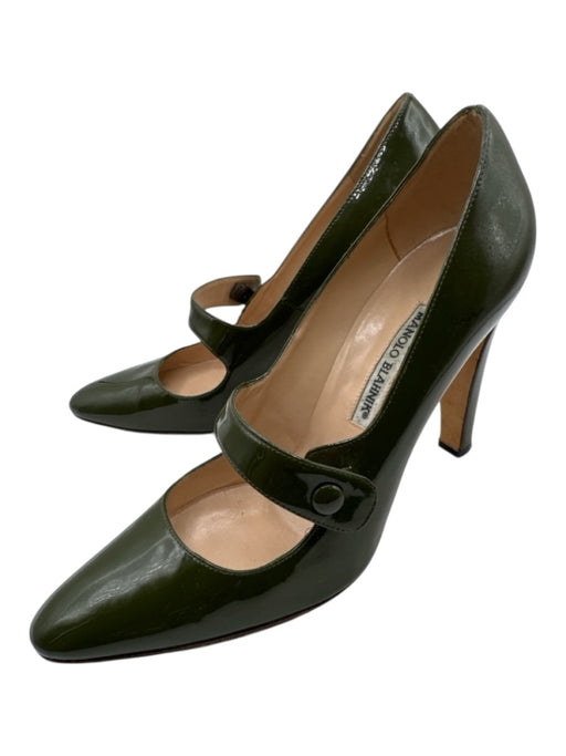 Manolo Blahnik Shoe Size 40 Olive Green Leather Upper Patent Mary Jane Pumps Olive Green / 40