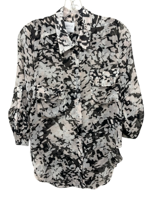Misa Size XS Black, White & Pink Viscose Abstract Print 3/4 Sleeve Button Up Top Black, White & Pink / XS