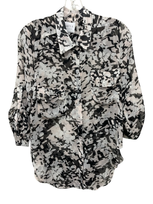 Misa Size XS Black, White & Pink Viscose Abstract Print 3/4 Sleeve Button Up Top Black, White & Pink / XS