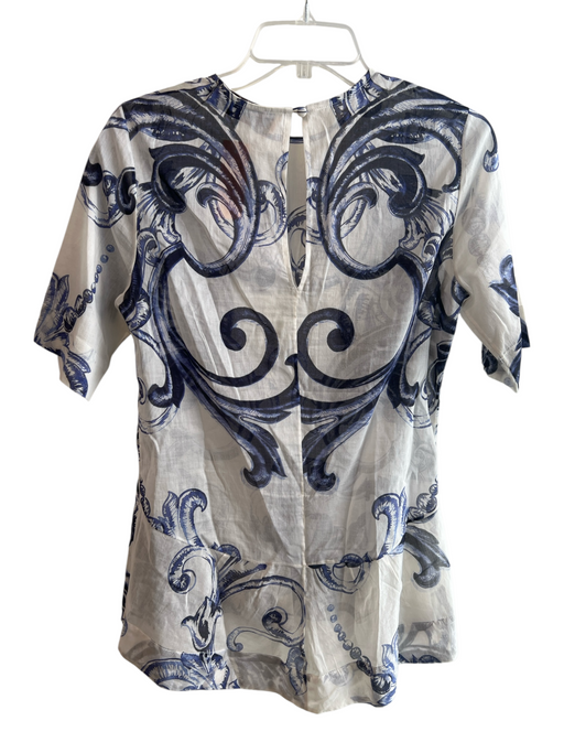 Lela Rose Size Est S White & Blue Cotton Semi Sheer Abstract Short Sleeve Top White & Blue / Est S
