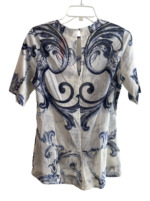 Lela Rose Size Est S White & Blue Cotton Semi Sheer Abstract Short Sleeve Top White & Blue / Est S