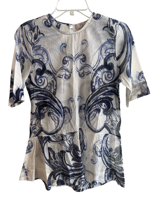 Lela Rose Size Est S White & Blue Cotton Semi Sheer Abstract Short Sleeve Top White & Blue / Est S