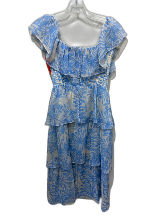 Amanda Uprichard Size XS Blue & Cream Polyester Ruffle Popover Leaf Print Dress Blue & Cream / XS