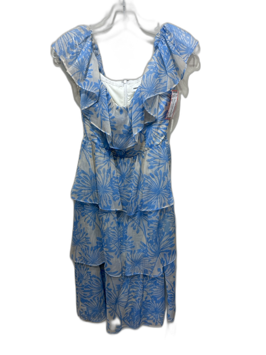 Amanda Uprichard Size XS Blue & Cream Polyester Ruffle Popover Leaf Print Dress Blue & Cream / XS