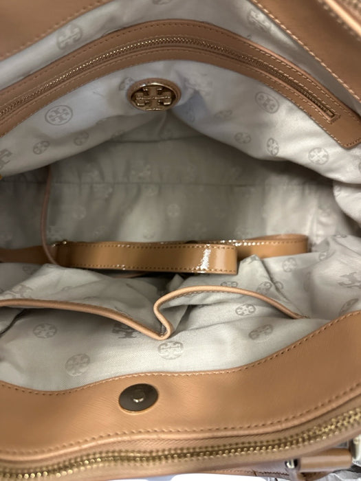Tory Burch Tan Brown Leather Double Handle Zip Close Logo Tote Bag Tan Brown / M