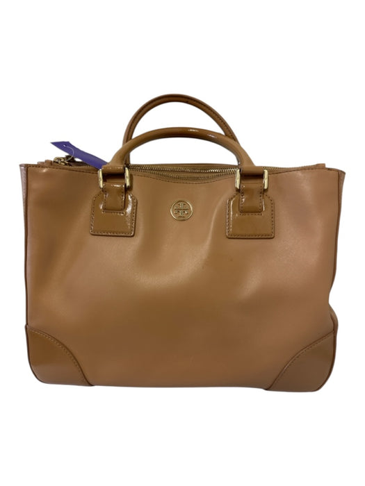 Tory Burch Tan Brown Leather Double Handle Zip Close Logo Tote Bag Tan Brown / M
