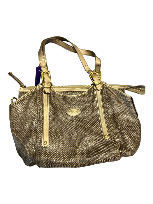 Tods Metallic Woven Canvas Double Top Handle Zip Close Gold Hardware Bag Metallic / Medium