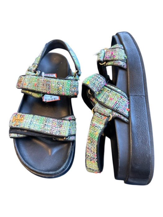 Tory Burch Shoe Size 8.5 Black & Green Leather & Canvas Platform Velcro Sandals Black & Green / 8.5