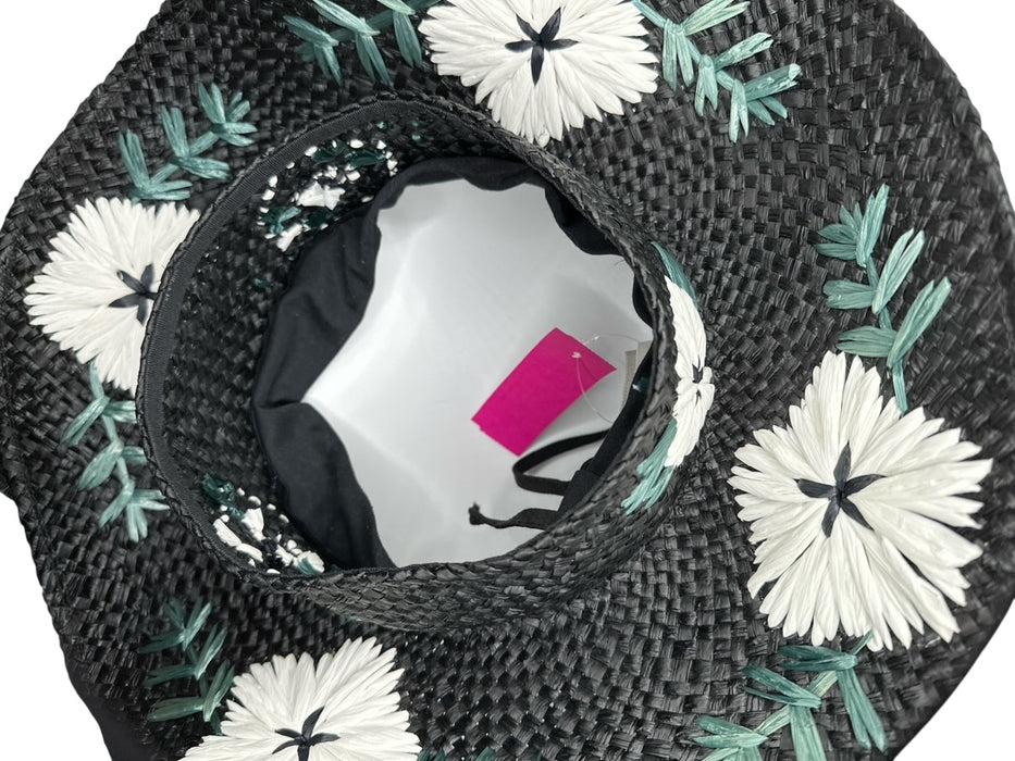 Nikki Beach Black & Green Straw Flowers Open Top Hat Black & Green / One Size
