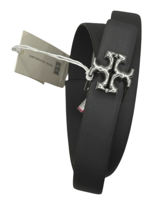 Tory Burch Gray & Silver Leather Logo Belts Gray & Silver / L