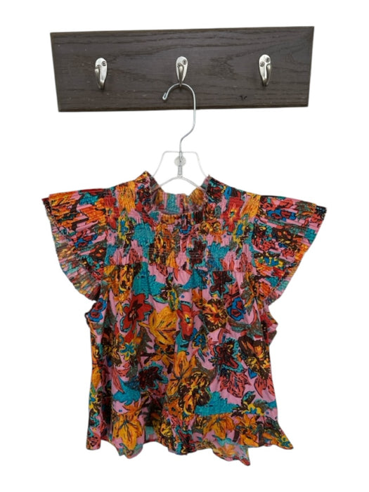 Love The Label Size S Orange & Blue Cotton Flutter Cap sleeve Botanical Top Orange & Blue / S