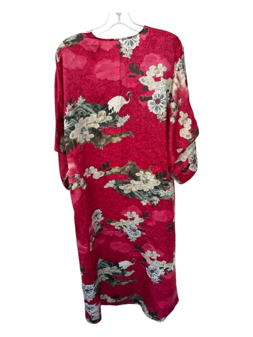 Natori Size S Red & White Polyester Batwing Sleeves Flowers V Neck Maxi Dress Red & White / S