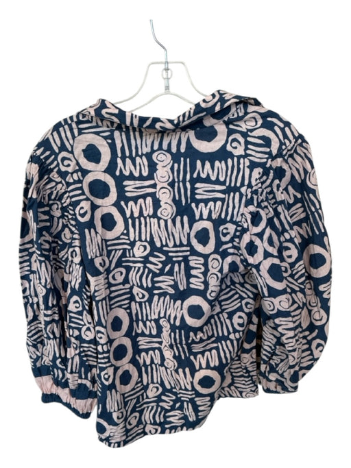 Cleobella Size S Navy & Pink Linen Long Sleeve Abstract Collar V Neck Top Navy & Pink / S