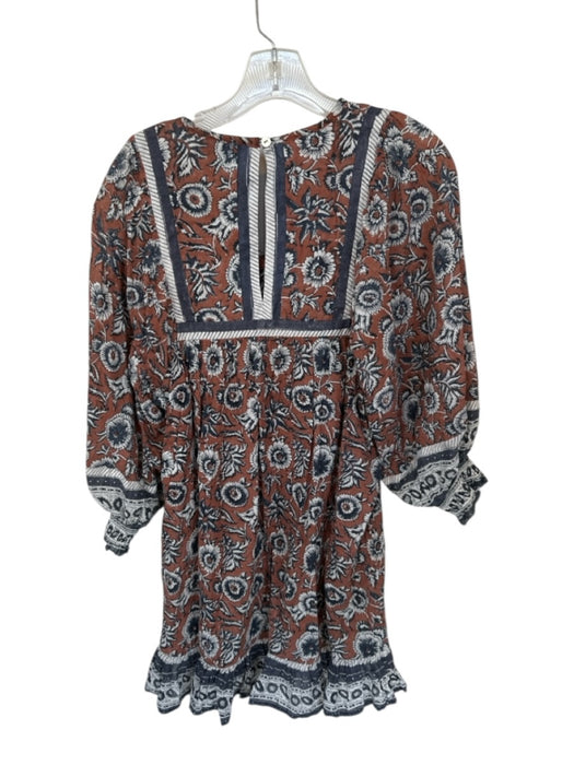 Cleobella Size M Brown & Navy Cotton Long Balloon Sleeve Flowers V Neck Dress Brown & Navy / M