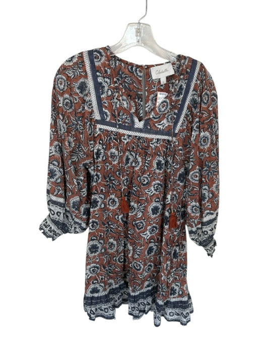 Cleobella Size M Brown & Navy Cotton Long Balloon Sleeve Flowers V Neck Dress Brown & Navy / M