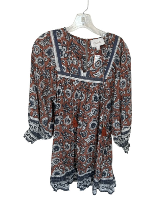 Cleobella Size M Brown & Navy Cotton Long Balloon Sleeve Flowers V Neck Dress Brown & Navy / M