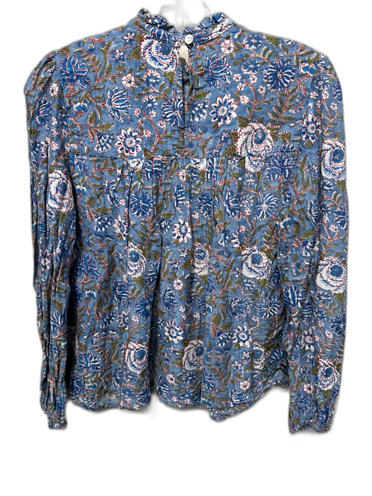 Oliphant Size XS Blue, Green, Red Cotton Silk Long Sleeve Floral Pintuck Top Blue, Green, Red / XS