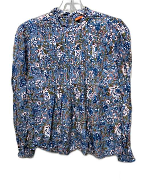 Oliphant Size XS Blue, Green, Red Cotton Silk Long Sleeve Floral Pintuck Top Blue, Green, Red / XS