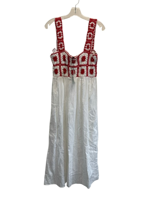 Nobody's Child Size S White & Red Cotton Crochet Top Granny Squares Maxi Dress White & Red / S