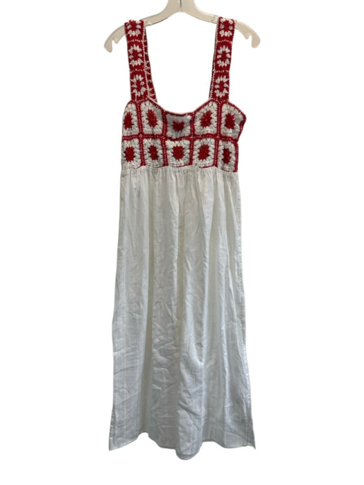 Nobody's Child Size S White & Red Cotton Crochet Top Granny Squares Maxi Dress White & Red / S