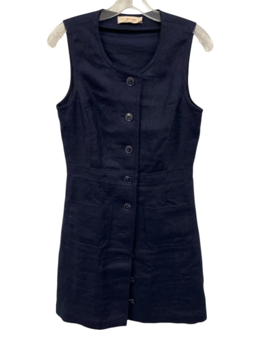 Tory Burch Size 4 Navy Cotton Sleeveless Buttons Midi Pockets Dress Navy / 4