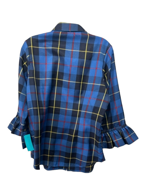 Gretchen Scott Size L Blue Yellow Red Polyester Plaid Collared Button Up Top Blue Yellow Red / L