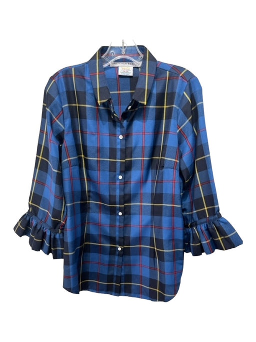 Gretchen Scott Size L Blue Yellow Red Polyester Plaid Collared Button Up Top Blue Yellow Red / L