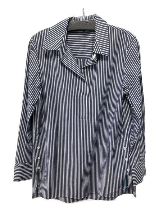 Lafayette 148 Size S Blue & White Cotton Collared V Neck Long Sleeve Striped Top Blue & White / S