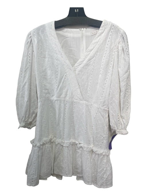 Karlie Size M White Cotton 3/4 Sleeve Perforated Back Zip V Neck Dress White / M