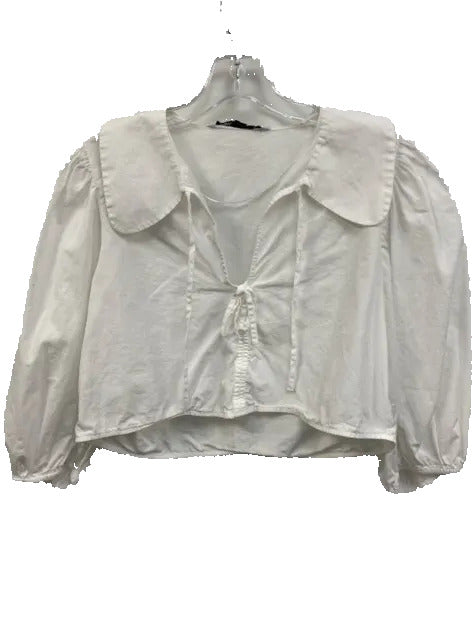 Zara Size S White Cotton Collar Neck 3/4 Balloon Sleeve Front Tie V Neck Top