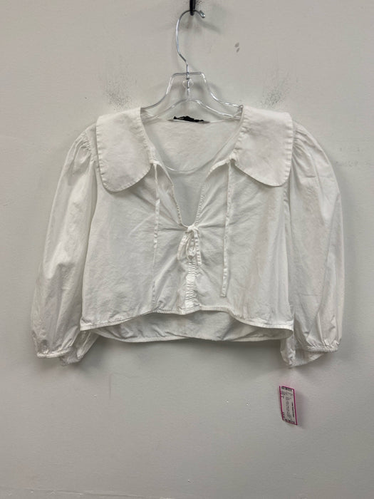 Zara Size S White Cotton Collar Neck 3/4 Balloon Sleeve Front Tie V Neck Top