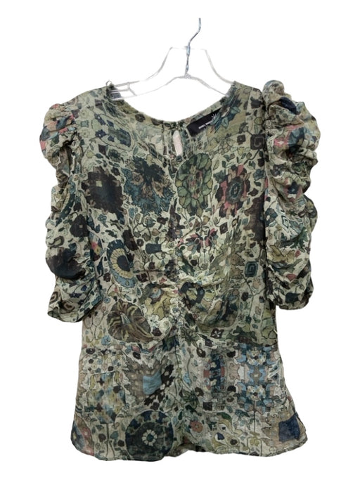Isabel Marant Size 3 Green & Multi Silk Ruched Front Round Neck Demi Sleeve Top Green & Multi / 3