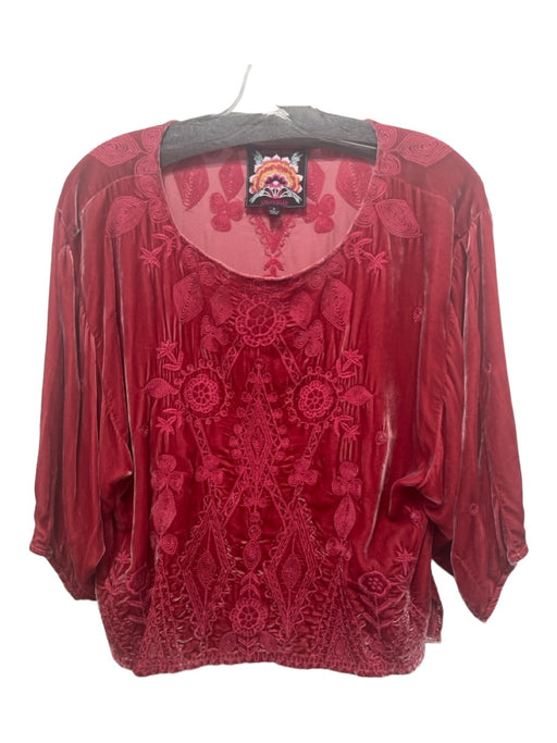 Johnny Was Size S Pink Rayon Blend Velvet Embroider Detailing Wide Neck Top Pink / S