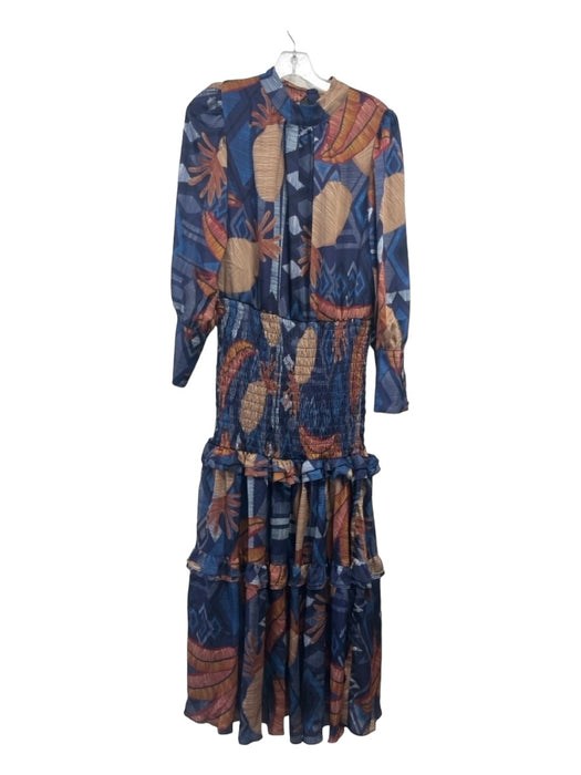 CQ by CQ Size Small Navy, Blue & Brown Polyester Long Sleeve Abstract Maxi Dress Navy, Blue & Brown / Small