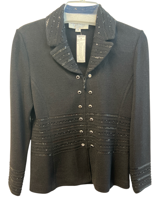 St John Size 4 Black No Fabric Tag Long Sleeve Knit Sequin Design Zip Up Jacket Black / 4