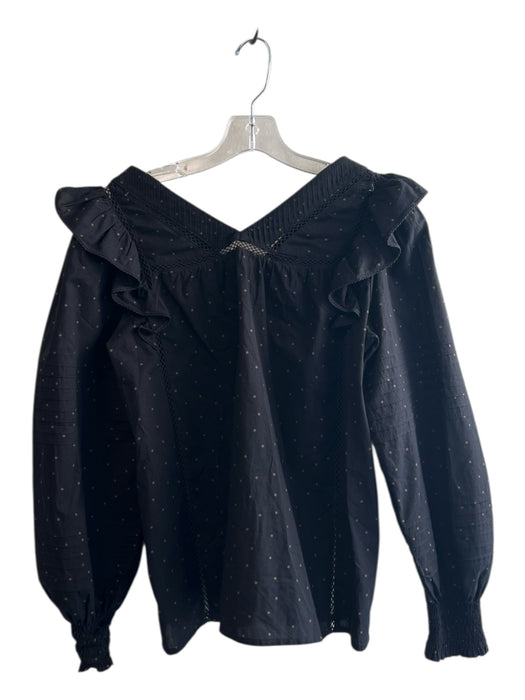 Madewell Size XS Black Cotton V Neck Long Sleeve Polka dot Ruffles Top Black / XS