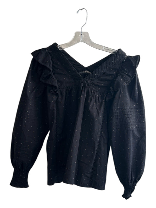 Madewell Size XS Black Cotton V Neck Long Sleeve Polka dot Ruffles Top Black / XS