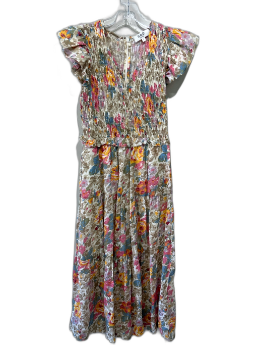Sea New York Size 2 Beige, Pink, Multi Cotton Ruffle Cap Sleeve Midi Dress Beige, Pink, Multi / 2