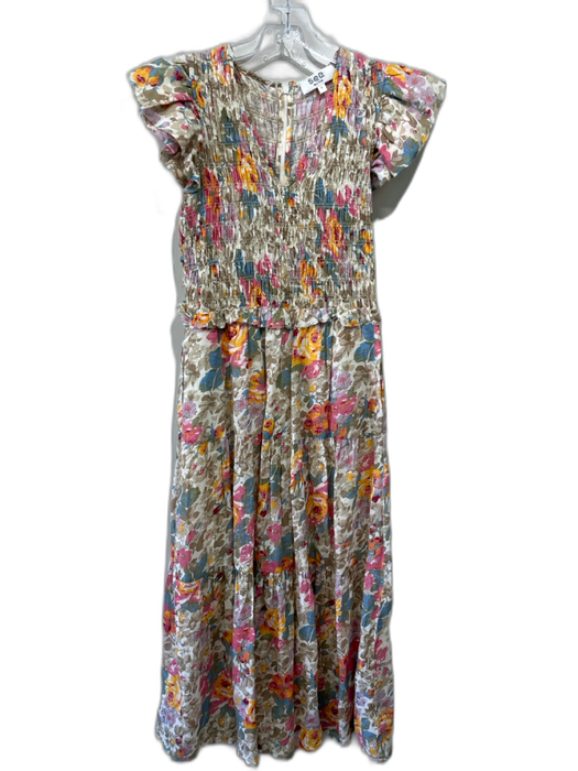 Sea New York Size 2 Beige, Pink, Multi Cotton Ruffle Cap Sleeve Midi Dress Beige, Pink, Multi / 2