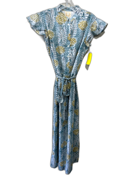 Blue Heron Size S Blue & Yellow Cotton Cap Sleeve Abstract Print Buttons Dress Blue & Yellow / S