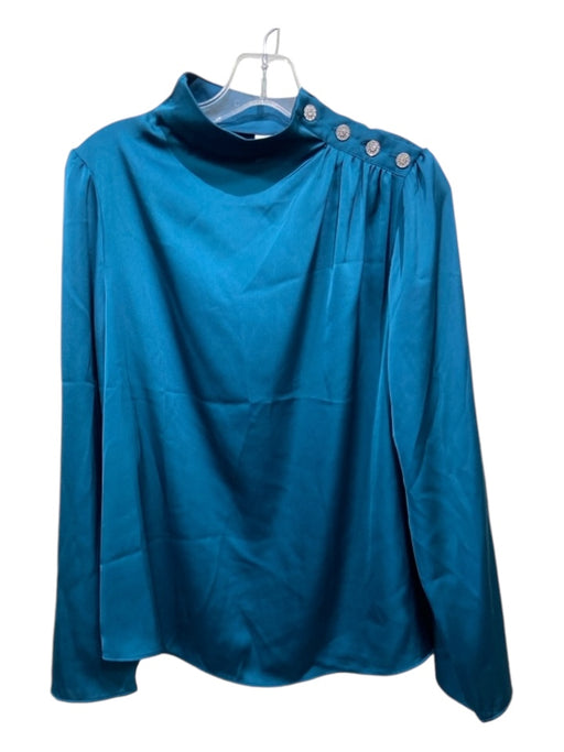 Joie Size Medium Teal Blue Polyester Satin Long Sleeve Side Button Mock Neck Top Teal Blue / Medium