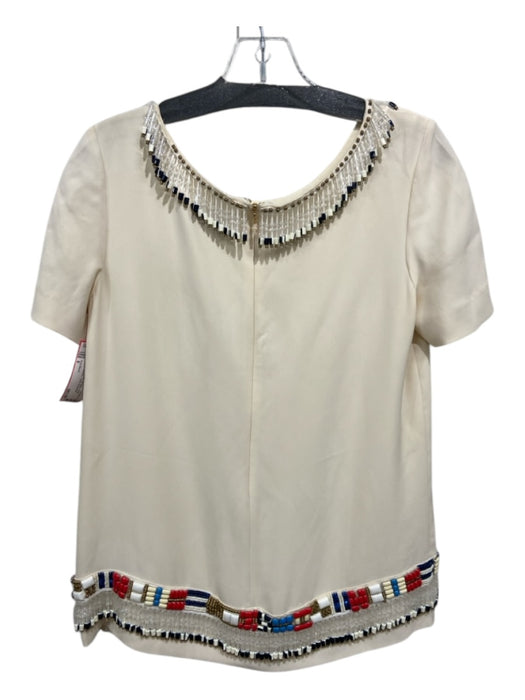 Tory Burch Size 6 Cream & Multi Silk Zip Back Short Sleeve Beaded Tribal Top Cream & Multi / 6