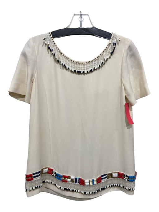 Tory Burch Size 6 Cream & Multi Silk Zip Back Short Sleeve Beaded Tribal Top Cream & Multi / 6