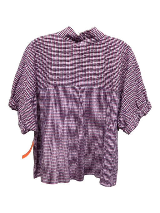 XiRENA Size Medium Pink, Purple, Orange Cotton Blend Short Sleeve Plaid Top Pink, Purple, Orange / Medium