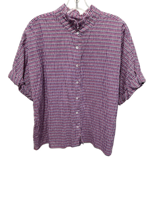 XiRENA Size Medium Pink, Purple, Orange Cotton Blend Short Sleeve Plaid Top Pink, Purple, Orange / Medium
