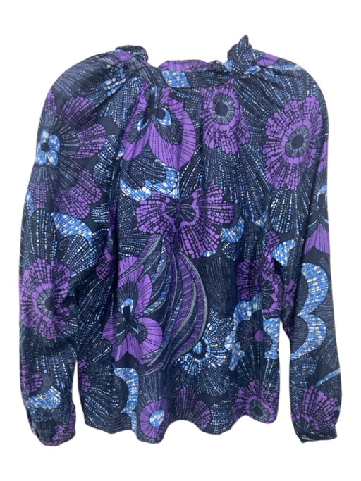 XiRENA Size S Blue & Purple Cotton & Silk Split V Neck Floral Print Top Blue & Purple / S