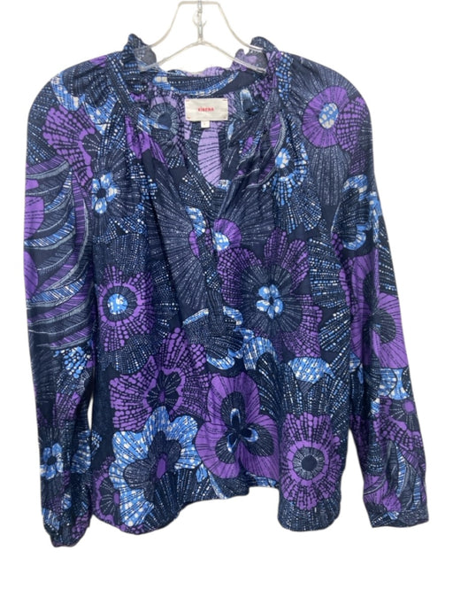 XiRENA Size S Blue & Purple Cotton & Silk Split V Neck Floral Print Top Blue & Purple / S