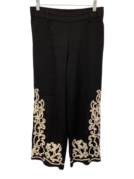 Joie Size S Black & Cream Linen & Rayon Stretch Waist Embroidered Wide Leg Pants Black & Cream / S