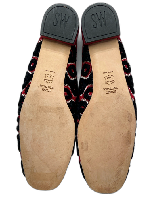 Stuart Weitzman Shoe Size 10.5 Black & Red Textile Chenille Abstract Mules Flats Black & Red / 10.5