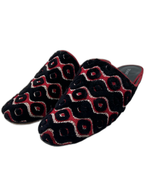 Stuart Weitzman Shoe Size 10.5 Black & Red Textile Chenille Abstract Mules Flats Black & Red / 10.5